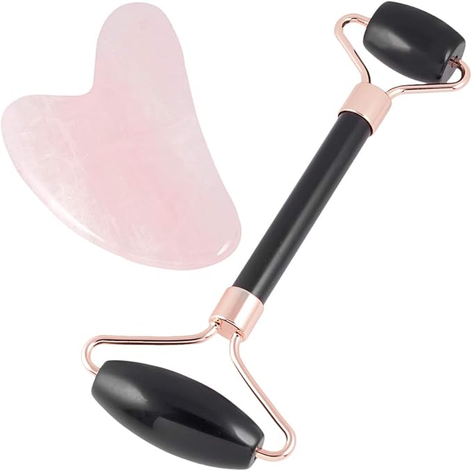 mookaitedecor Obsidian Roller & Rose Quartz Gua Sha Scraping Massage Tool Set, Face Massager for Wrinkles, Anti Aging-Velvo Beauty