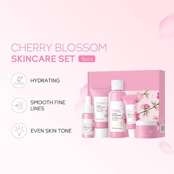 Greyghost Skin Care Set for Teenage Girls Women, 5 Pcs Cherry Blossom Skincare Set - Cleanser, Toner, Serum, Eye cream, Cream, Gentle Skin Cleaning & Care Gift Set, Travel Size Skin Care Set-Velvo Beauty