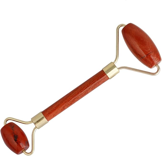 Rockcloud Natural Crystal Stone Roller Massager Double Neck Face & Neck Massage Therapy Anti-Aging Wrinkle Healing Slimming Skincare Tool,Red Jasper-Velvo Beauty