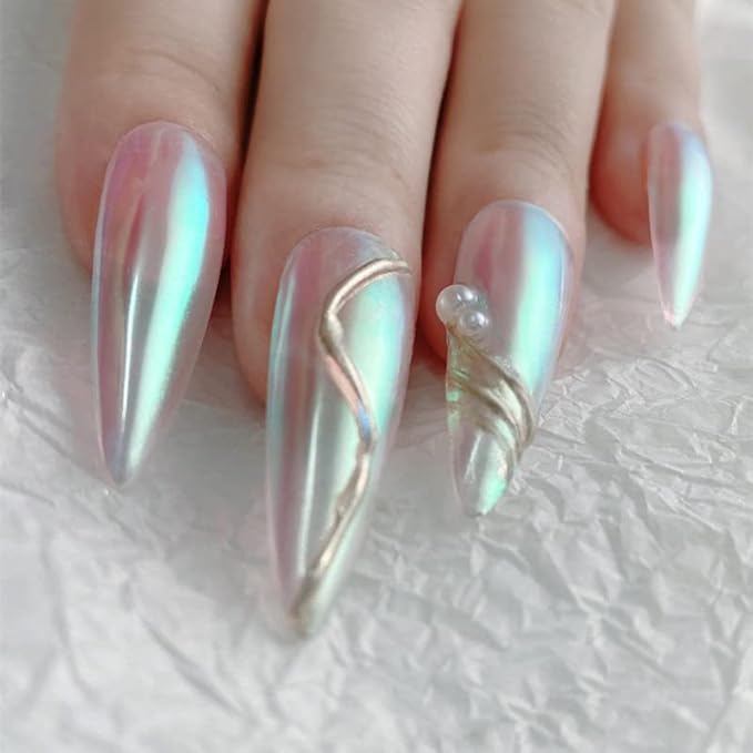 2 Pcs White Iridescent Nails Powder Aurora Chrome Powder for Nails,Mermaid Chrome Nail Pearl Powder Chameleon Chrome Nail Powder Manicure Pigment(2 Pcs Moonlight)-Velvo Beauty