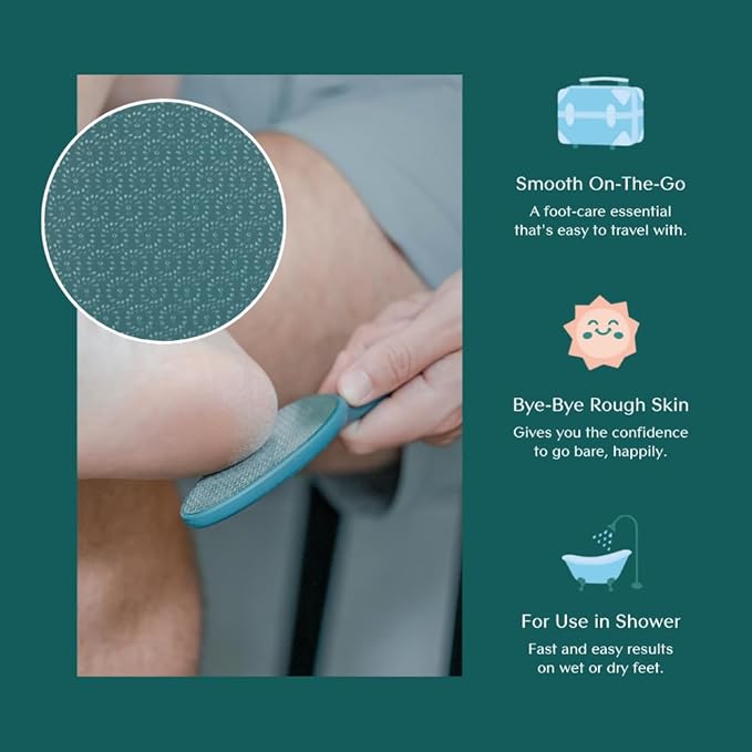 Bare August Glass Foot File Callus Remover - Heel Scraper & in-Shower Foot Scrubber Dead Skin Remover - Pedicure Foot Buffer for Soft Feet (with Handle, Teal)-Velvo Beauty