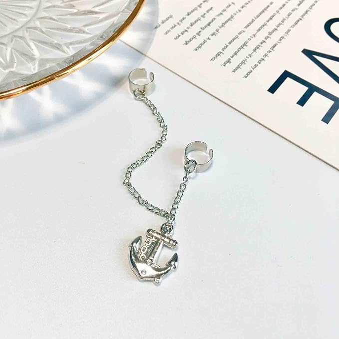 Anchor Chain Cuff Earrings Silver Anchor Dangle Chain Earrings Helix Chain Cartilage Earrings Non Piercing Earrings Jewelry for Women and Girls-Velvo Beauty