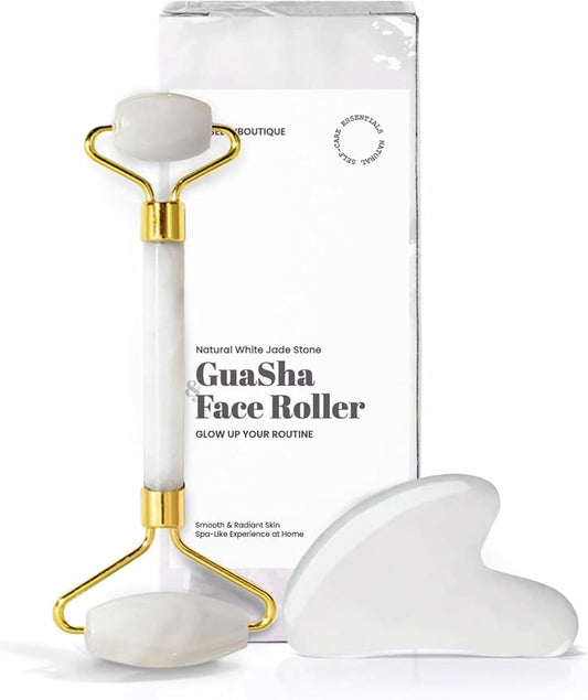 ROSELYNBOUTIQUE Gua Sha Facial Tools & Face Roller for Wrinkless Natural Skincare Tool Jade Roller Guasha Tool for Face Facial Massager (White Jade)-Velvo Beauty
