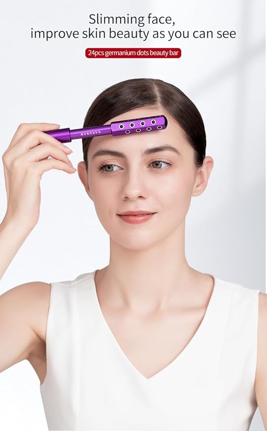 24-Stone Facial Roller - Cooling Face & Neck Massager Tool for Skin Rejuvenation | 360° Contouring with Germanium Stones & Aircraft Aluminum | Portable 7.6" Beauty Roller - Purple-Velvo Beauty