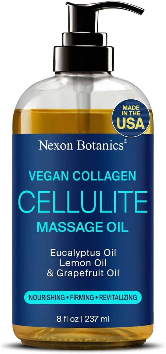 Anti-Cellulite Massage Oil for Massage Therapy 8 fl oz - Refreshing and Relaxing - Natural Oils with Vegan Collagen and Stem Cells - for Men and Women - Nexon Botanics-Velvo Beauty