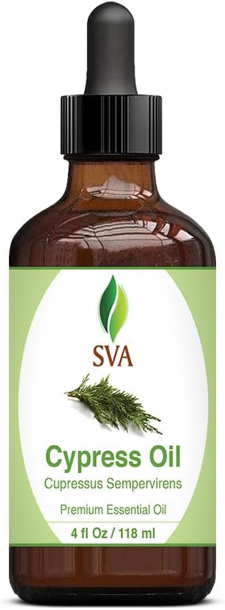 SVA Cypress Essential Oil – 4 Fl Oz – 100% Natural Cypress Oil - for Diffuser, Hair Care, Face, Skin Care, Aromatherapy, Scalp and Body Massage, Soap and Candle Making – with Dropper-Velvo Beauty