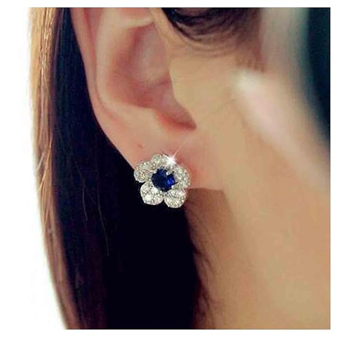 Boho CZ Flower Studs Earrings Silver Crystal Earrings Blue Flower Earrings Studs Wedding Earrings Jewelry for Women and Girls-Velvo Beauty