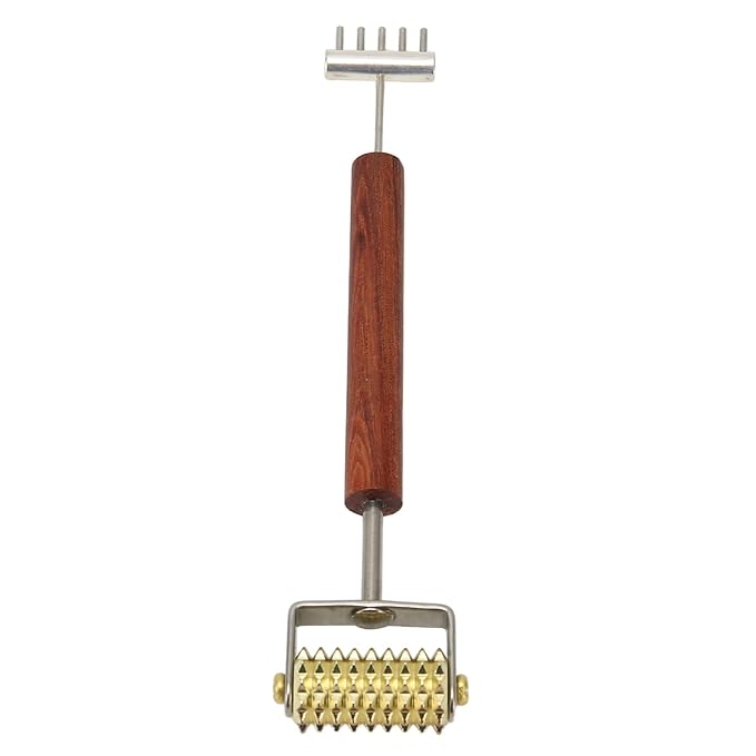 Double Head Design Face Massage Roller, Copper Wooden Handle Promote Circulation Double Head Skin Roller Massage Stick Copper Acupoint Pressing Tool-Velvo Beauty