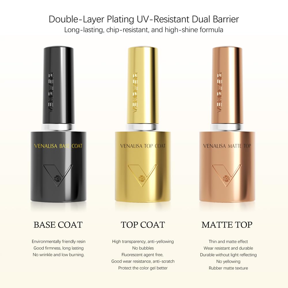 VENALISA 3 Pcs No Wipe Glossy and Matte Gel Top Coat and Base Coat Set for Gel Nail Polish- High Gloss Base Matte & Shiny Top Coat Kit, Soak Off Nail Art Home and Professional Manicure-Velvo Beauty