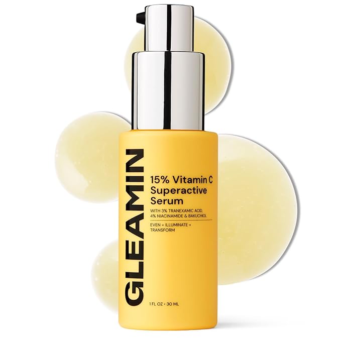 Gleamin Superactive Vitamin C Serum for Face with 15% Vitamin C, Niacinamide, Bakuchiol & Hyaluronic Acid – Skin Brightening Facial Serum for Women & Men – Dark Spot Remover & Radiant Glow – 1 fl oz-Velvo Beauty
