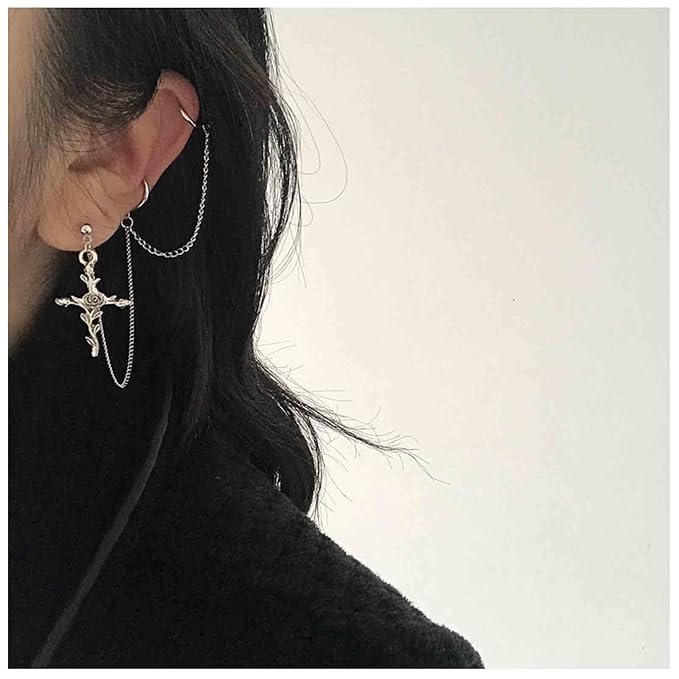 Cross Chain Cuff Earrings Silver Cross Dangle Chain Earrings Long Crucifix Drop Earrings Religious Ear Cuff Wrap Chain Earrings Jewelry for Women and Girls-Velvo Beauty
