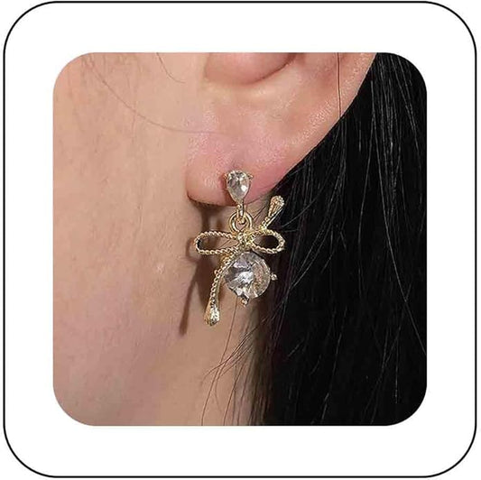 Vintage Rhinestone Bow Drop Earrings Gold Teardrop Crystal Earrings Round Cut Stud Earrings Bow Crystal Bridal Earrings Jewelry for Women-Velvo Beauty