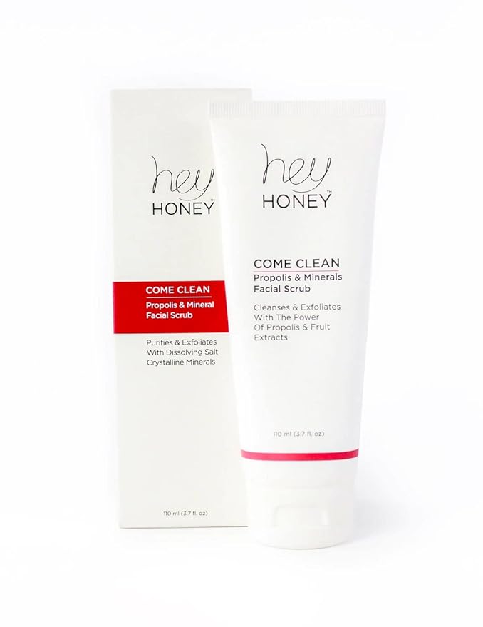 Hey Honey, Come Clean Propolis & Mineral Facial Scrub. Rich, Exfoliating, Dead Sea Salt Scrub designed to be gentle enough for even the most sensitive skin. 110ml-Velvo Beauty