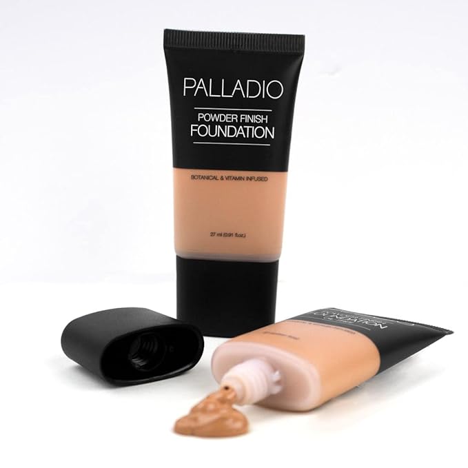 Palladio Powder Finish Liquid Foundation, Natural Matte Appearance, Reduces Fine Lines, Covers Large Pores, Hides Imperfections, All Day Wear, Sheer to Medium Coverage, In the Buff-Velvo Beauty