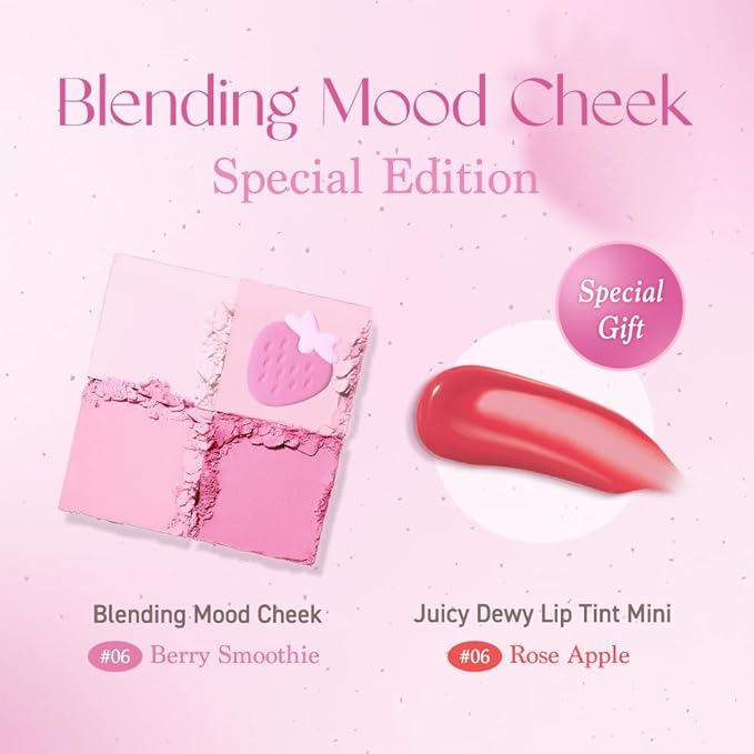 Dasique Blending Mood Cheek Special Edition #06 Berry Smoothie with FREE Juicy Dewy Tint Mini #06 Rose Apple | 4 Blendable Shades in Lightweight Smooth Powder | Korean Makeup-Velvo Beauty