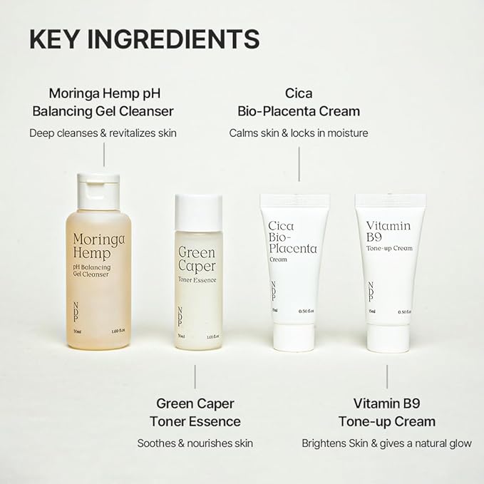 Travel Kit - Mini Travel Size Skincare Essentials - Moringa Hemp Gel Cleanser, Green Caper Toner Essence, Cica Bio-Placenta Cream, B9 Tone-Up Cream (4 items)-Velvo Beauty