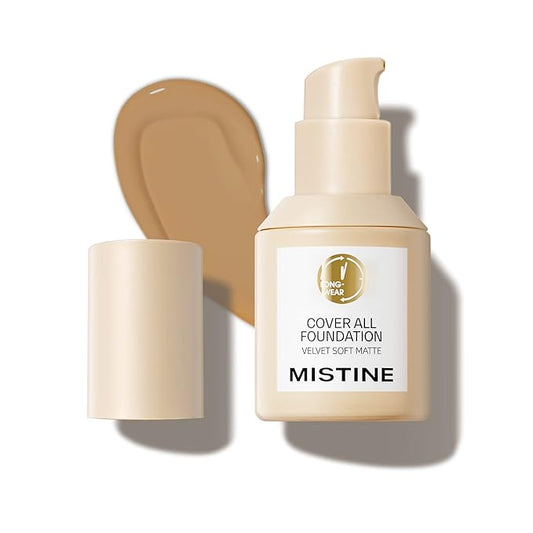 MISTINE Liquid Foundation Makeup Full Coverage Foundation for Oily Skin,24 Hour Oil Control Makeup Foundation,Skin-Caring,Moisturizing Formula,Waterproof Foundation,Matte Finish,Satin,1 Fl Oz-Velvo Beauty