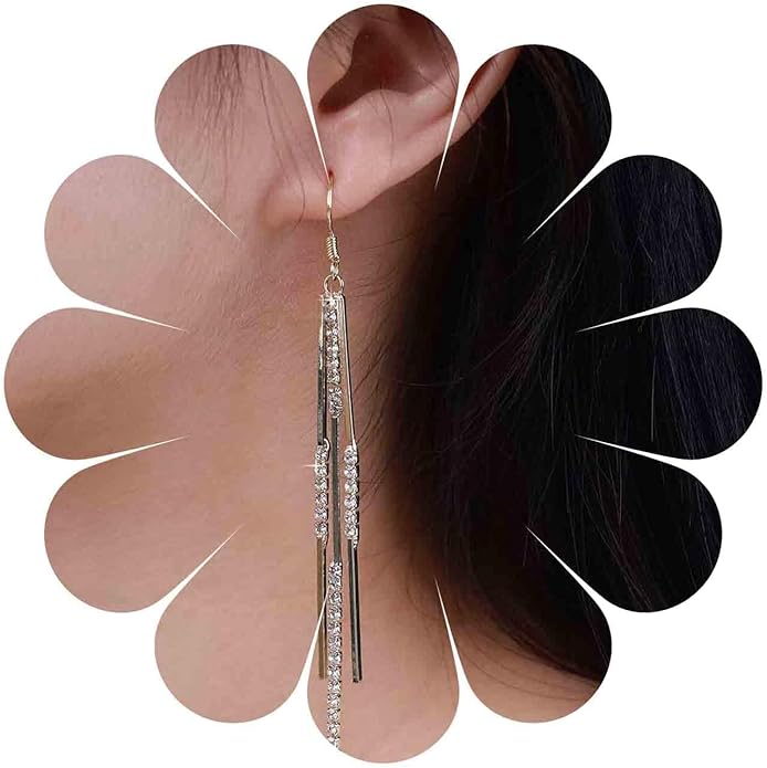 Vintage Crystal Tassel Earrings Rhinestone Bar Drop Earrings Long Rhinestone Chain Earrings Gold Cz Bar Hook Earrings Sparkle Tennis Chain Earrings Jewelry for Women-Velvo Beauty