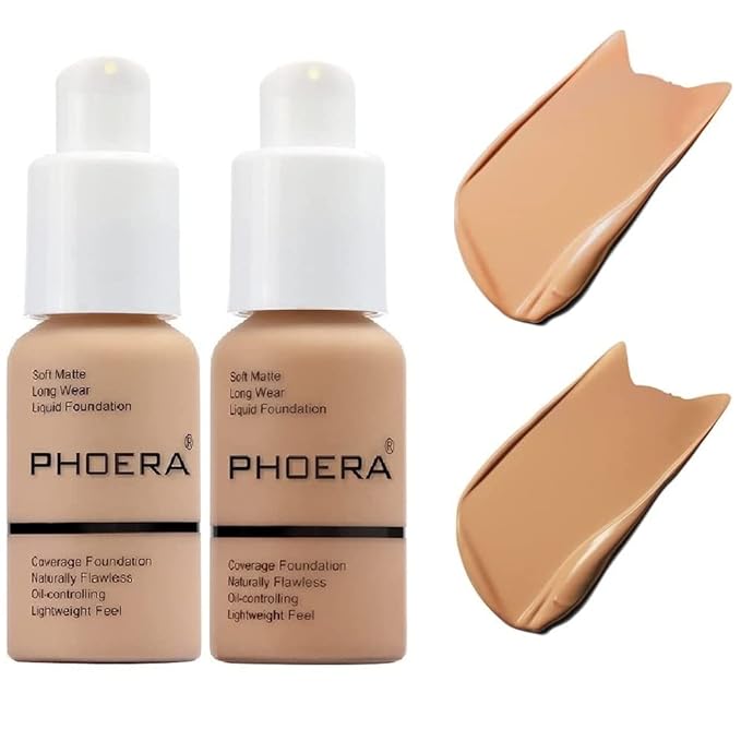 2 Pack PHOERA Foundation, Flawless Soft Matte Liquid Foundation Makeup for Women.(104# Buff Beige and 105# Sand)-Velvo Beauty