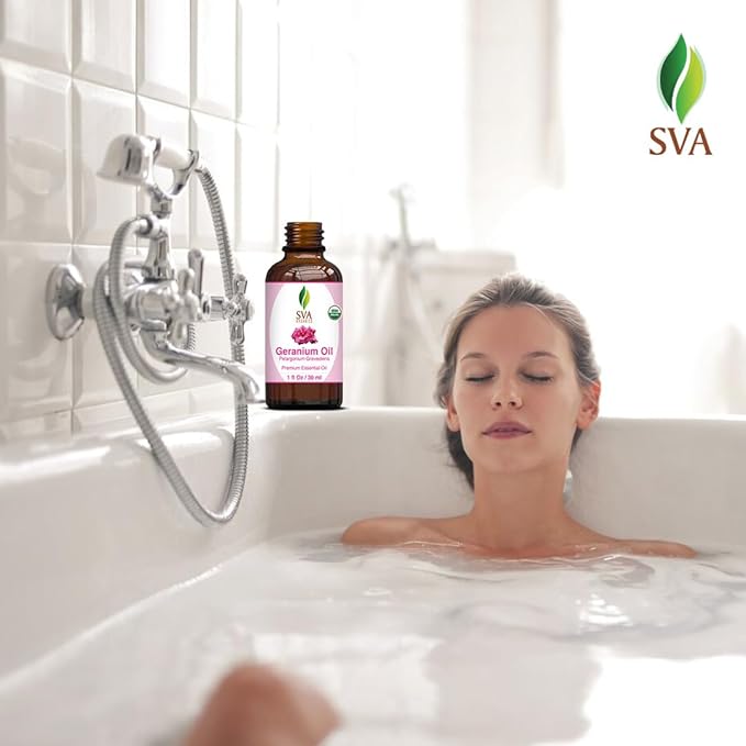 SVA Geranium Essential Oil Organic – 1 Fl Oz – 100% Natural Organic Geranium Oil - for Diffuser, Hair Care, Face, Skin Care, Aromatherapy, Scalp and Body Massage, Soap and Candle making – with Dropper-Velvo Beauty