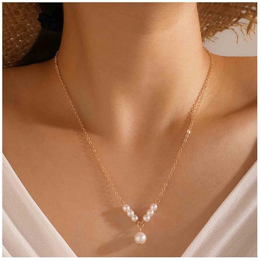 Vintage Pearl Pendant Necklace Gold Pearl Beads Necklace Freshwater Cultured Pearl Chain Necklace Pearl Bar Necklace Chain Jewelry for Women and Girls-Velvo Beauty