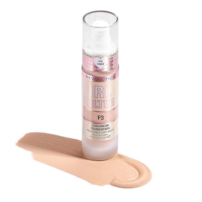 Revolution Beauty, IRL Filter Longwear Foundation, Soft & Breathable Formula, Medium to Full Coverage, Matte Finish, F3, 0.7 Fl. Oz-Velvo Beauty