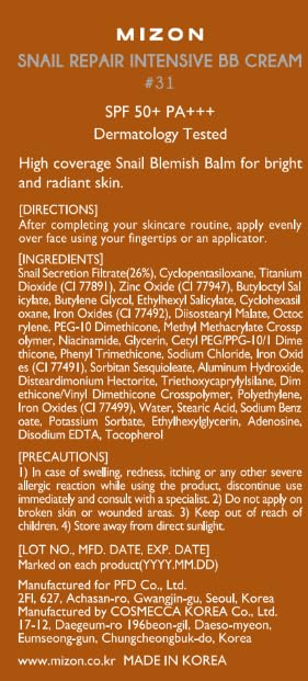 MIZON Snail Repair Blemish Balm, Multifunctional BB Cream with Snail Mucus Filtrate, Skin Care and Makeup Coverage, Strenghtens Skin Elasticity, Improves Fine Wrinkles (#31)-Velvo Beauty