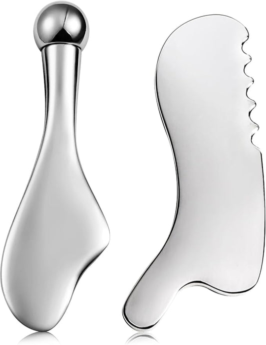 Gua Sha Facial Tools and Face Roller Set, Lymphatic Drainage Massager，Stainless Steel Facial Sculpting Eyes Roller Guasha for Face, Chin & Jawline Sculpting,Skin Care (White)-Velvo Beauty