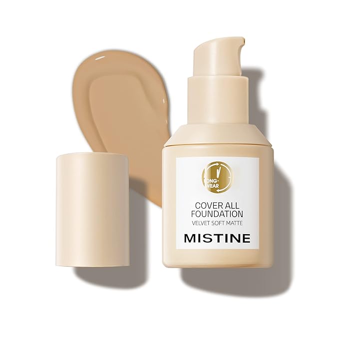 MISTINE Full Coverage Foundation Makeup for Oily Skin,24 Hour Oil Control Liquid Foundation,Skin-Caring,Moisturizing Formula,Cream Foundation,Matte Finish,Creamy Beige,1 Fl Oz-Velvo Beauty