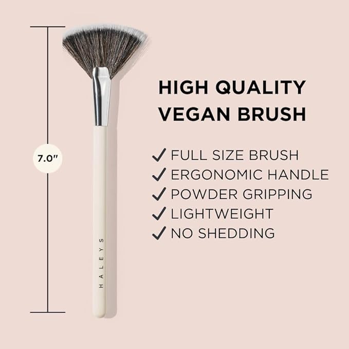 HALEYS Fan Brush VEGAN+CRUELTY-FREE, Sustainable Wood, Vegan Bristles for Airbrushed Finish, For highlighter application, Streak-free, Perfect Blending, Blurs, Smooths with Control-Velvo Beauty