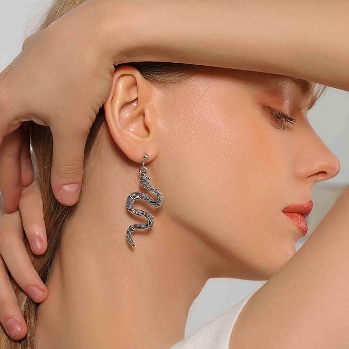 Punk Snake Earrings Silver Snake Dangle Earrings Serpent Drop Earrings Gothic Earrings Jewelry for Women and Girls-Velvo Beauty