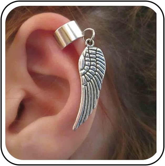 Boho Angel Wing Cuff Earrings Silver Ring Cartilage Earrings with Dangle Wing Ear Cuffs Earrings Clip Wrap Earrings Helix Earrings Jewelry for Women-Velvo Beauty