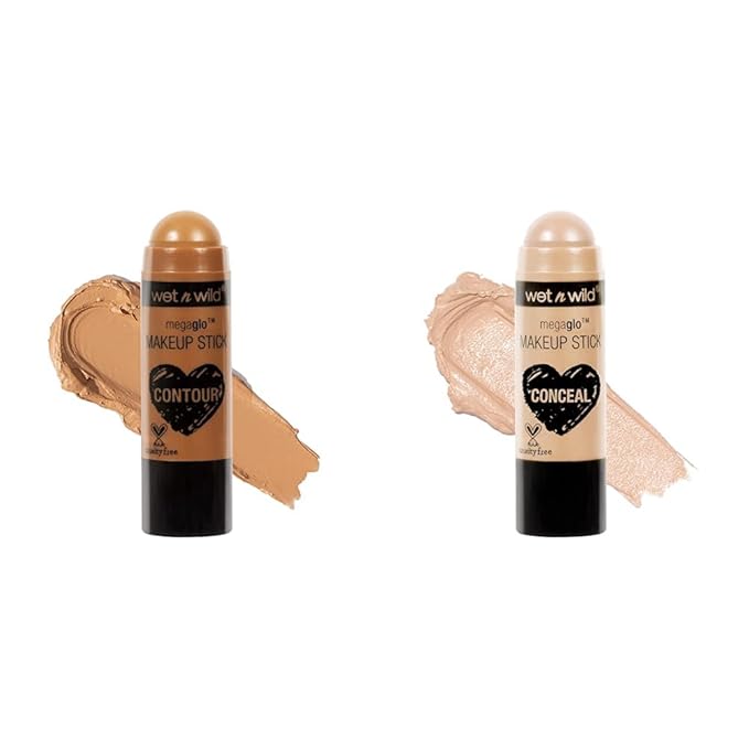 wet n wild MegaGlo Makeup Stick Conceal Contour Brown Oak's On You 1.1oz & Nude For Thought Versatile Cheek Color-Velvo Beauty