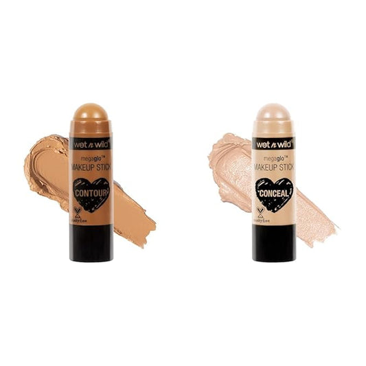 wet n wild MegaGlo Makeup Stick Conceal Contour Brown Oak's On You 1.1oz & Nude For Thought Versatile Cheek Color-Velvo Beauty