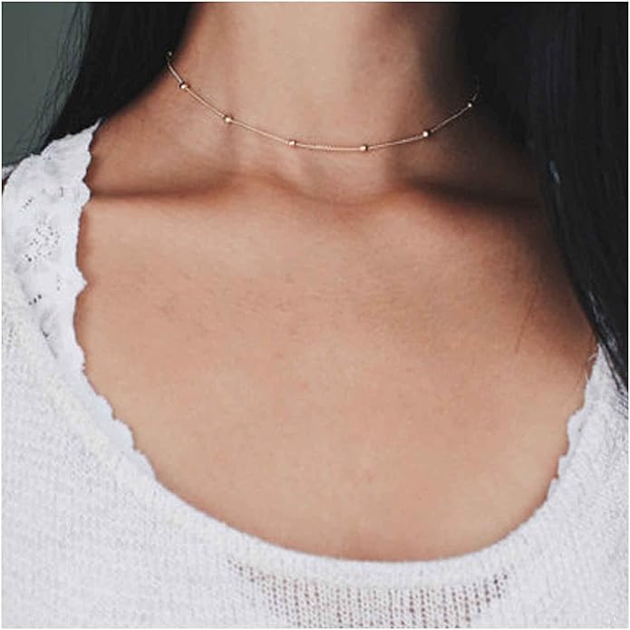 Boho Thin Beaded Choker Necklace Gold Station Ball Necklace Short Satellite Chain Necklace Everyday Minimalist Necklace Jewelry for Women and Girls-Velvo Beauty