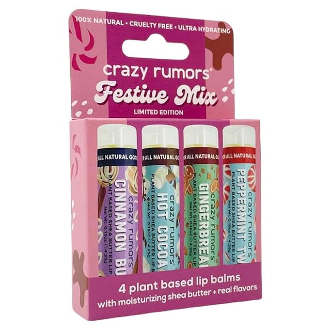 Crazy Rumors Festive Mix - Gingerbread, Hot Cocoa, Cinnamon Bun + Peppermint Twist - 4 Pack Lip Balm-Velvo Beauty