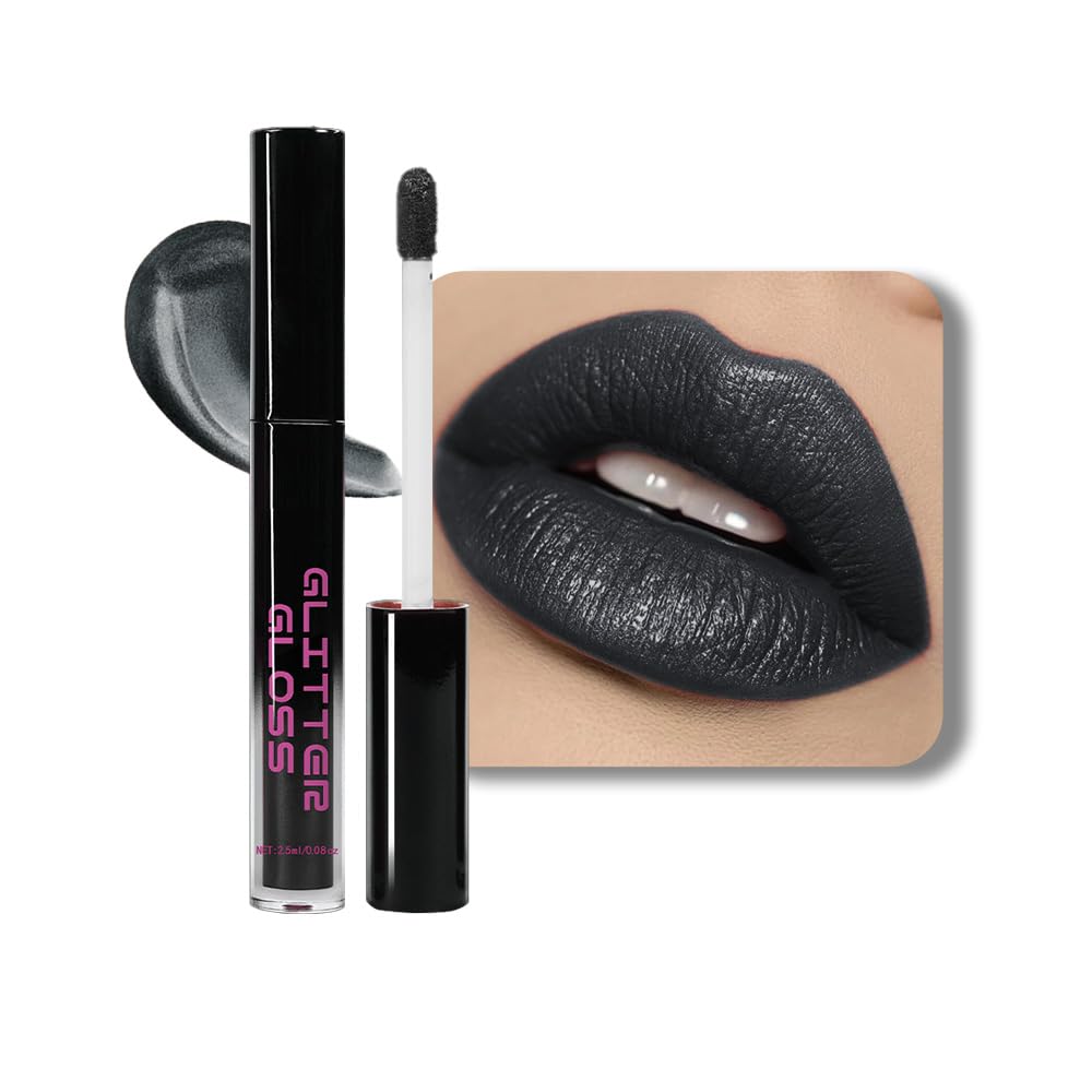Gray Black Metallic Lipstick for Women,Glitter Sparkling Liquid Lipstick,Long Lasting Waterproof Lightweight Comfortable Non-Drying Bold Dark Lip Gloss for Gothic Stage Makeup,Vegan-Velvo Beauty