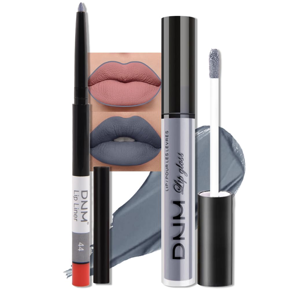 evpct 2Pcs Grey Gray Matte Liquid Lipstick Lip Gloss Stain and Retractable Lip Liner Makeup Set for Women Long Lasting Waterproof 24 Hours Permanent Lipstick labial mate larga duracion 24 44#-Velvo Beauty