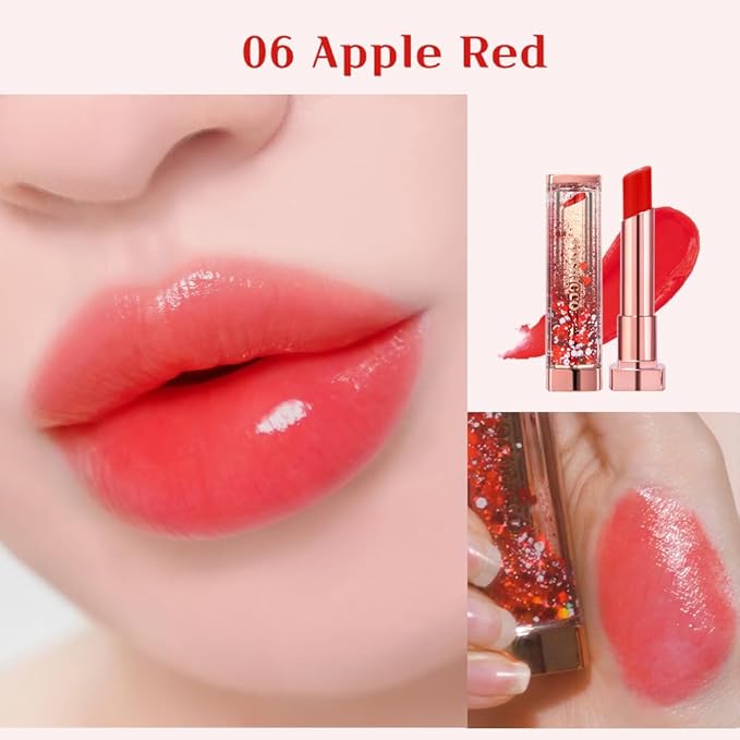[SET] CORINGCO Sparkle Cute Color Changing Lip Balm｜ Colored Lip Cream Lip Gloss, Glitter Lip Care Lip Pack Birthday Gift Glitter Gift Sequin Shiny Spangle Lipbalm (#06 Apple Red)-Velvo Beauty