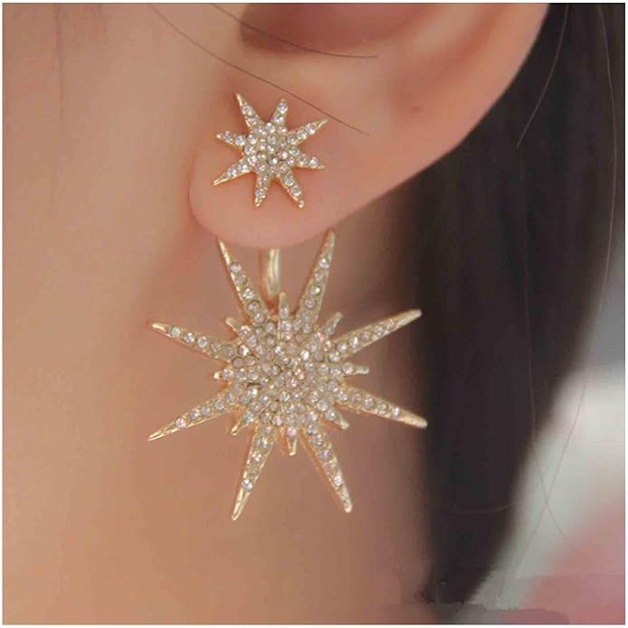 Starburst Jacket Earrings Gold Rhinestone Sun Earrings Front Back Studs Earrings Boho Celestial Earrings Jewelry for Women and Girls Gifts-Velvo Beauty