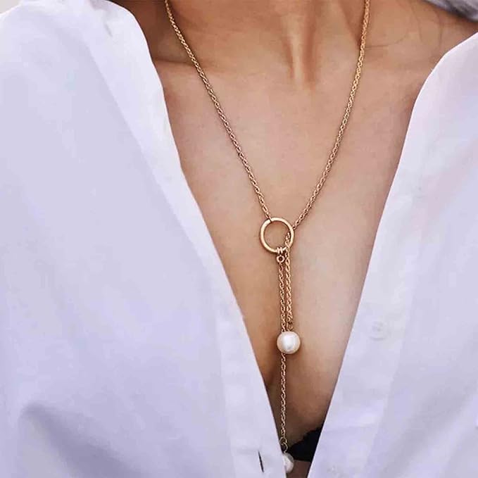 Boho Pearl Lariat Necklace Gold Chunky Chain Y Necklace Pearl Tassel Necklace Long Necklaces for Women and Girls Prom Bridal Necklace Jewelry-Velvo Beauty