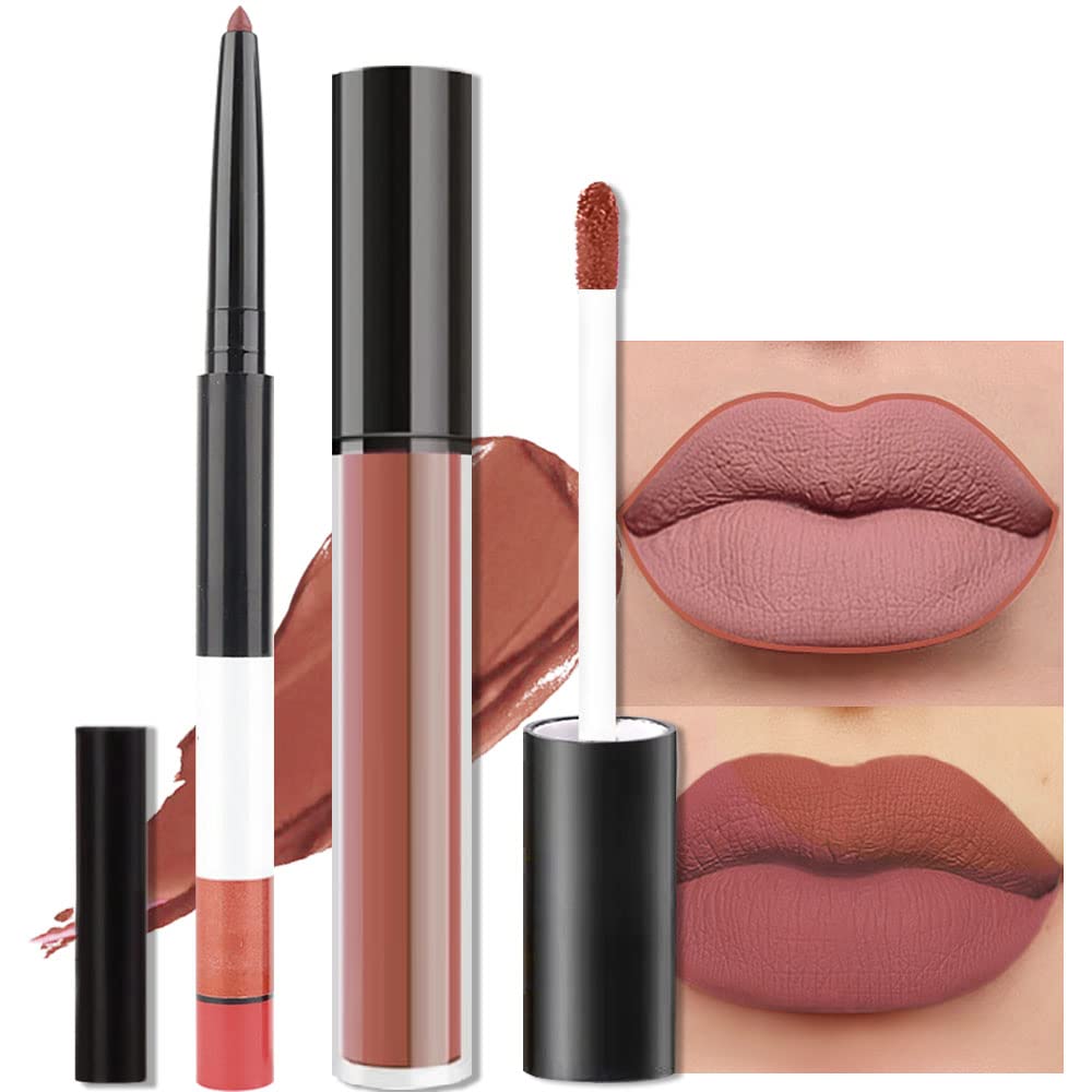evpct 2Pcs Reddish Brown Neutral Color Lip Liner and Matte Lipstick Makeup Sets Vegan Lipstick Lip Liner and Gloss Set Lip Stain Long Lasting Waterproof 24 33#-Velvo Beauty
