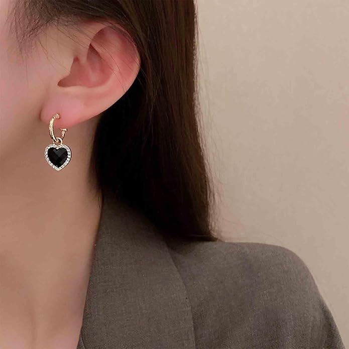 Vintage Crystal Heart Drop Earrings Black Heart Onyx Earrings Black Heart Hoop Huggie Earrings Gold Cz Love Heart Earrings Jewelry for Women-Velvo Beauty