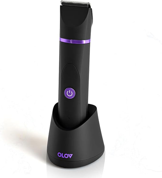 OLOV Electric Body Hair Trimmer - Groin Trimmer for Men - Bikini Trimmer Women - Wet/Dry Shaver Groomer, Replaceable Ceramic Blade Heads, USB Recharge Dock, Waterproof Hygiene Razor, Black Violet-Velvo Beauty