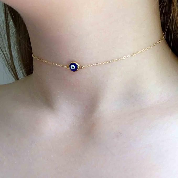 Boho Evil Eye Choker Necklace Blue Eye Pendant Necklace Minimal Gold Chain Necklace Lucky Eye Necklace Amulet Chain Jewelry for Women and Girls-Velvo Beauty