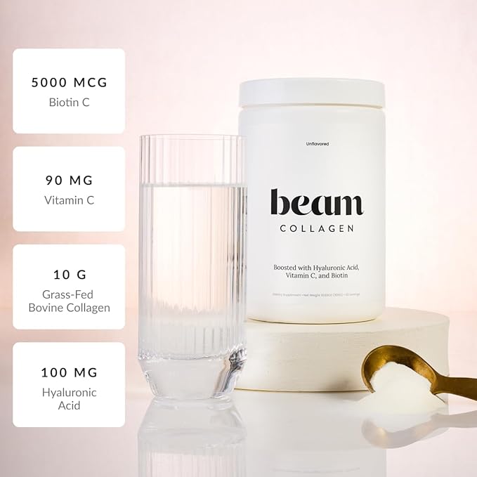 Beam Collagen Powder, Collagen for Women, Collagen with Hyaluronic Acid, Collagen Peptides Type 1 and 3, with Biotin, Grass Fed Bovine, Third-Party Tested, Best for Coffee, Vitamin C, 60 Servings-Velvo Beauty