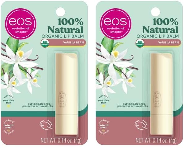 eos 100% Natural & Organic Lip Balm Stick- Vanilla Bean | Dermatologist Recommended for Sensitive Skin | All-Day Moisture Lip Care Products | 0.14 oz (Pack of 2)-Velvo Beauty