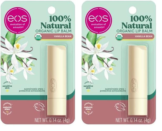 eos 100% Natural & Organic Lip Balm Stick- Vanilla Bean | Dermatologist Recommended for Sensitive Skin | All-Day Moisture Lip Care Products | 0.14 oz (Pack of 2)-Velvo Beauty