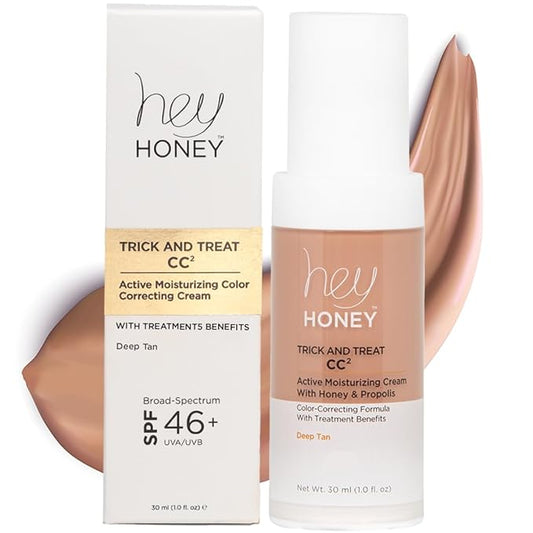 Hey Honey Trick and Treat CC² Cream SPF 46 | Active Moisturizing Color Correcting Cream with Honey & Propolis | Best Cover For Rosacea, Skin Redness & Mature Skin | Cruelty-Free | 1 oz (Deep Tan)-Velvo Beauty