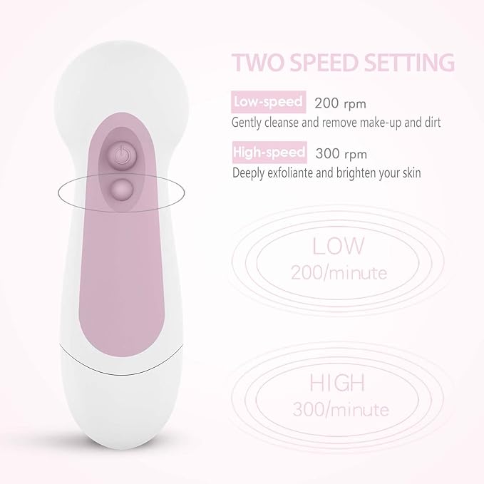 Waterproof Facial Cleansing Spin Brush Set with 5 Exfoliating Brush Heads - Electric Face Scrubber Cleanser Brush by CLSEVXY - Face Brush for Gentle Exfoliation and Deep Scrubbing-Velvo Beauty